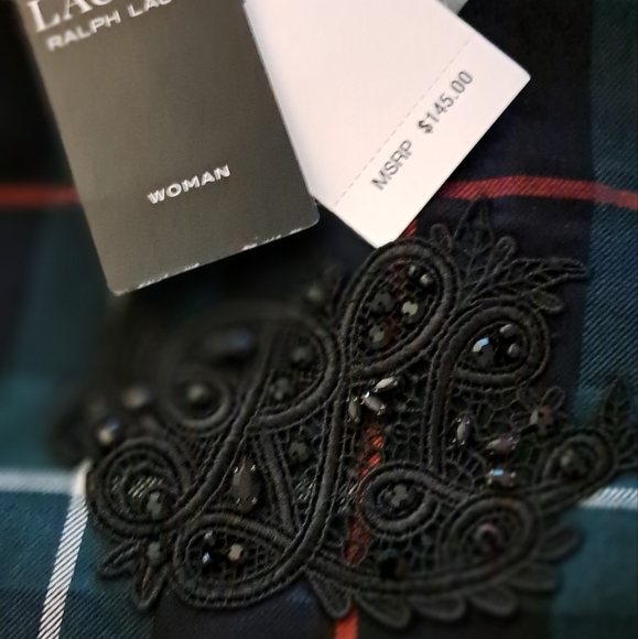 Lauren Ralph Lauren twill cotton plaid  lace bullion patch shirt nwt - Picture 8 of 10